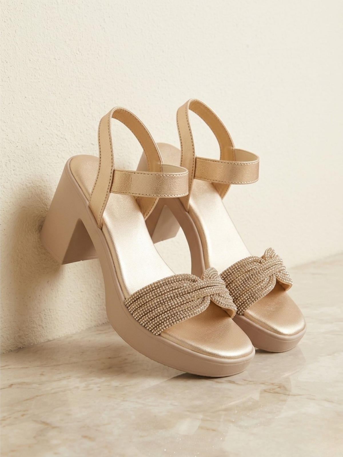 Fableora Gold Textured Heel Sandals