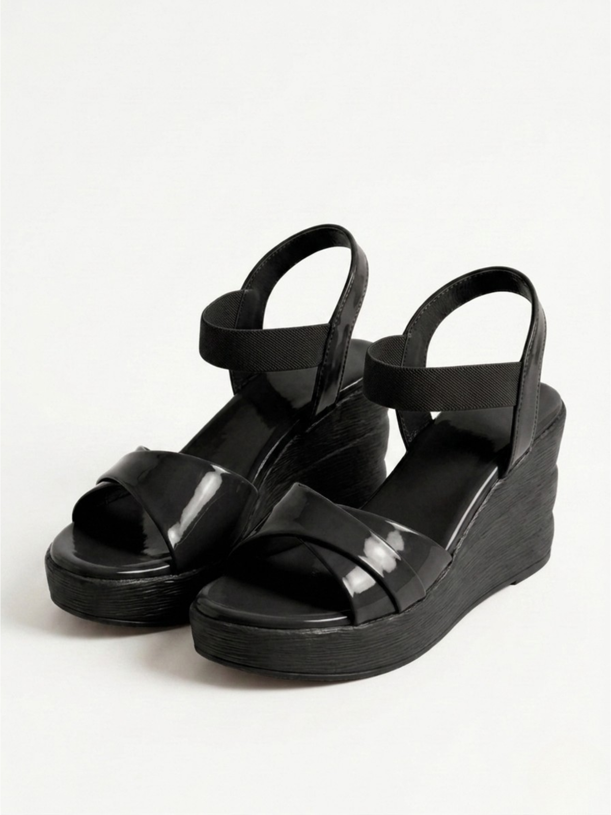 Fableora Black Glossy Wedge Sandals